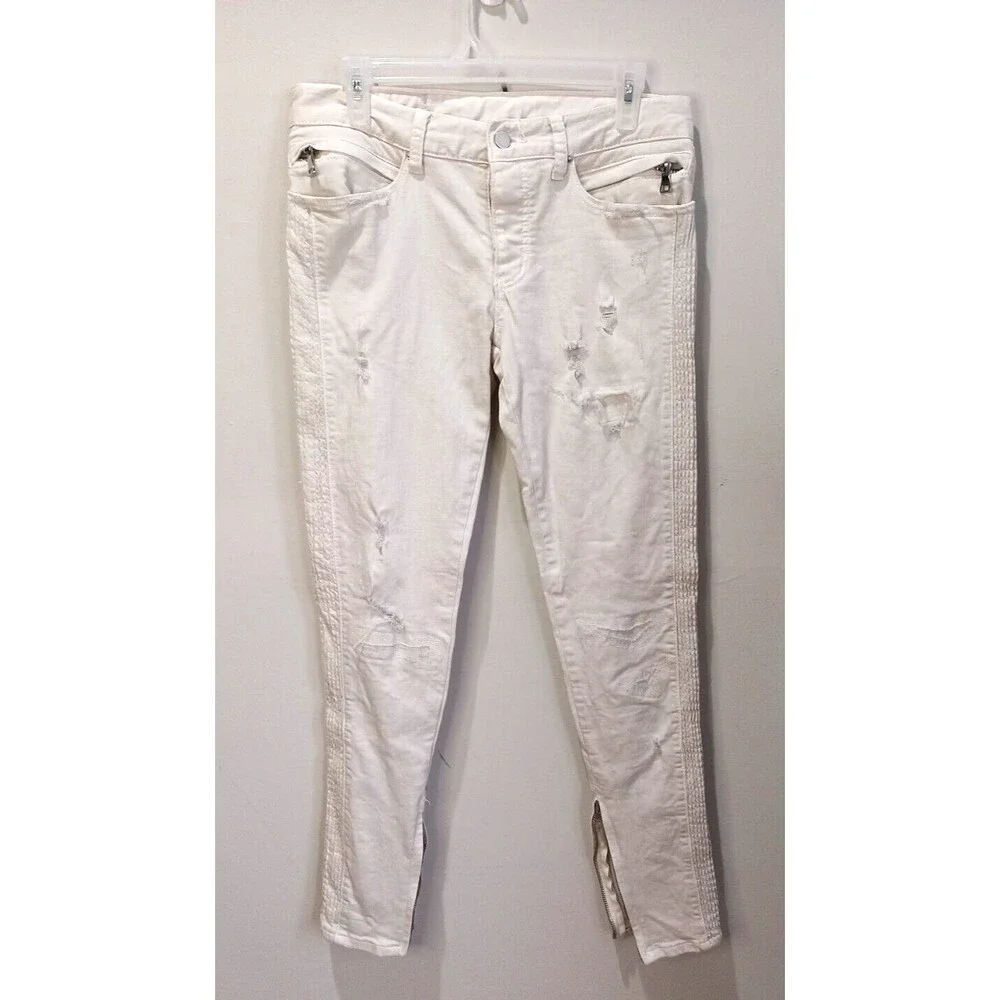 M N M L White Stretch Moto Denim Skinny Distressed Mens Jeans Size 29 Ankle Zip